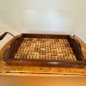 Vintage handmade solid wood tray with handles and wine corks design